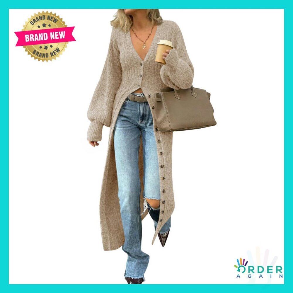 V-Neck Chunky Knit Maxi Cardigan Button Down Duster Sweater Coat Elegant